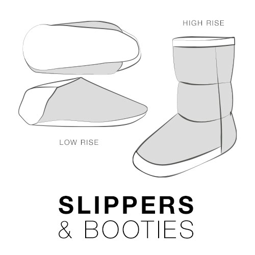 A black and white sketch of two pairs of slippers, low and bootie styles.