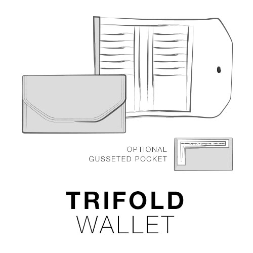 A black and white sketch of a tri-fold wallet.