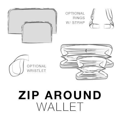 A black and white sketch of a zip around wallet.
