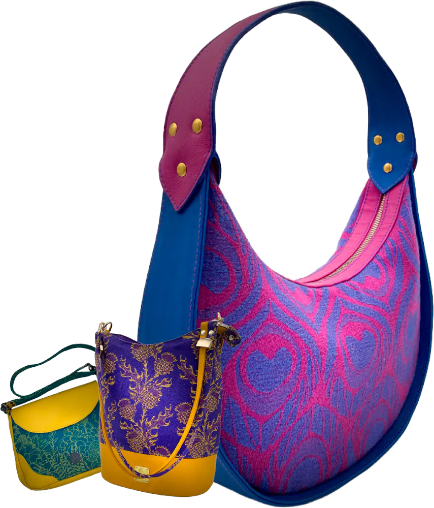 Trio of three high-end bags, colorful and in varied shapes