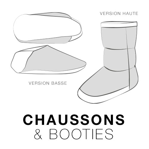 Un croquis en noir et blanc de deux paires de chaussons, bas et bottines.