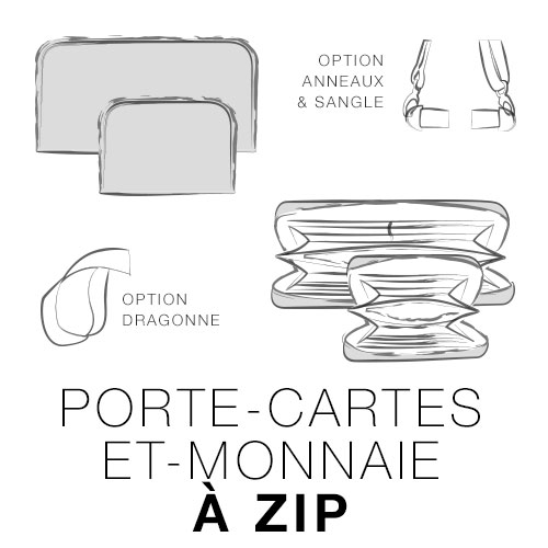 Un croquis en noir et blanc d'un portefeuille zippé sur 3 côtés.