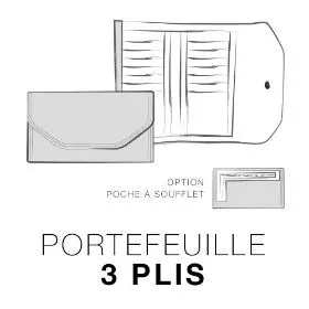 Un croquis en noir et blanc d'un portefeuille 3 plis.