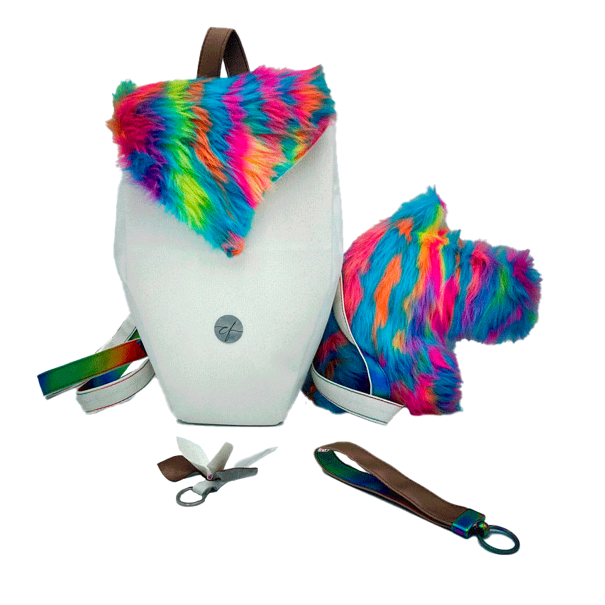 A backpack made from white faux leather and rainbow faux fur.