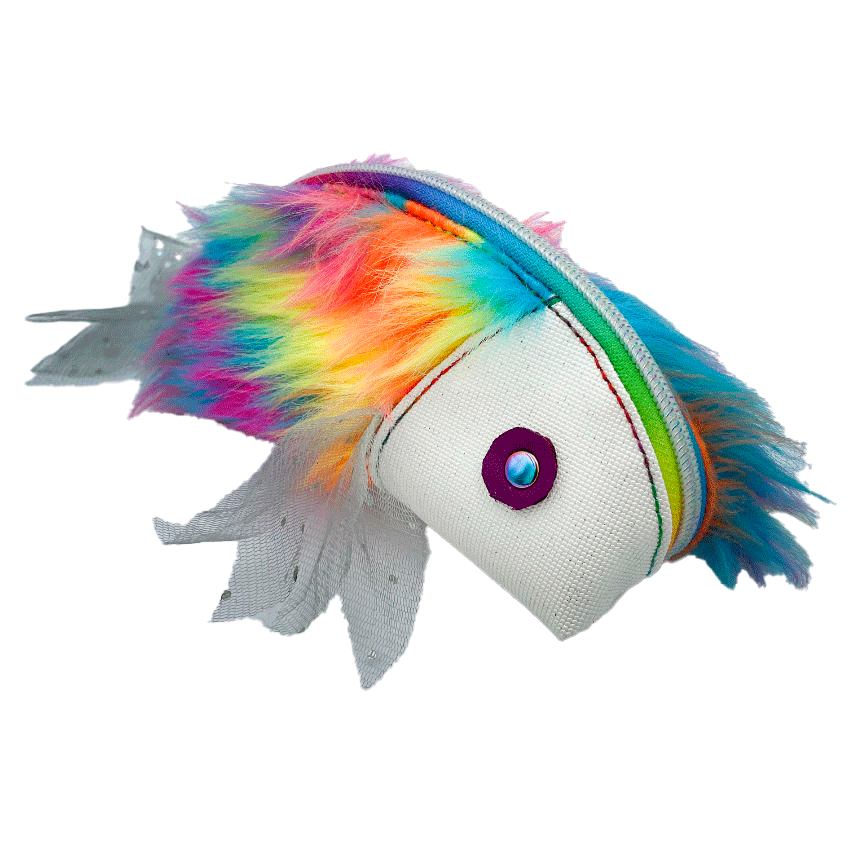 A zippered pouch sewn with white glitter faux leather, rainbow faux fur, and iridescent sequin tulle.