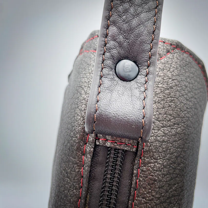 A handbag made of metallic leather with an iridescent red satin lining.