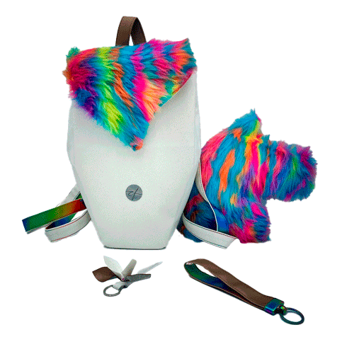 A backpack made from white faux leather and rainbow faux fur.