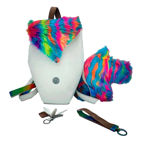 A backpack made from white faux leather and rainbow faux fur.