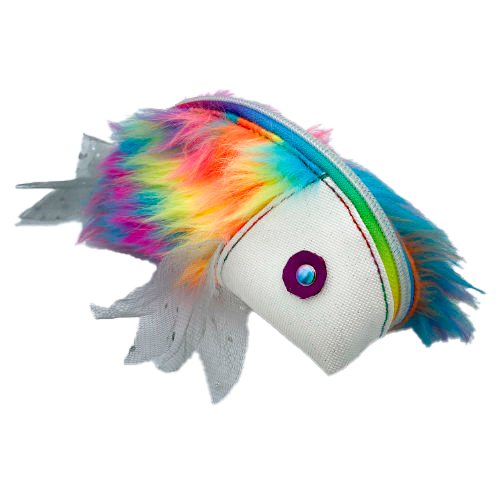 A zippered pouch sewn with white glitter faux leather, rainbow faux fur, and iridescent sequin tulle.