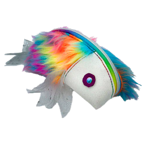 A zippered pouch sewn with white glitter faux leather, rainbow faux fur, and iridescent sequin tulle.