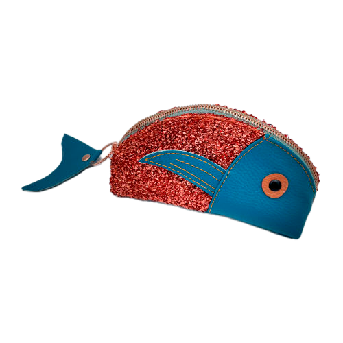 A zippered pouch made from stretch fabric with copper metallic bouclé, turquoise blue faux leather, and bright light mint lining.