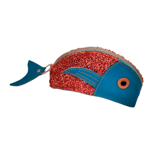 A zippered pouch made from stretch fabric with copper metallic bouclé, turquoise blue faux leather, and bright light mint lining.