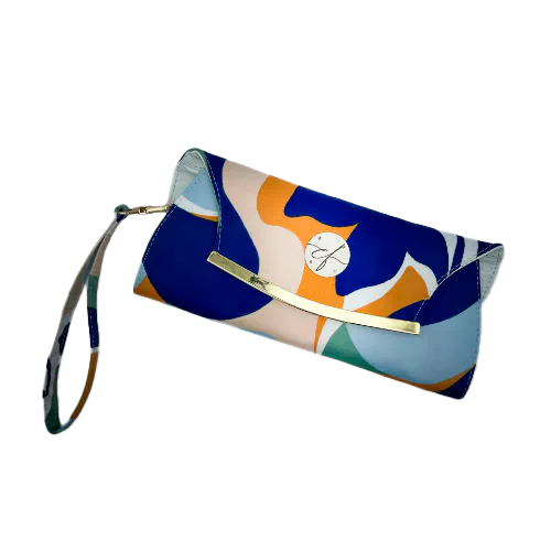 A wallet clutch made from a colorful neck scarf with an abstract and modern flowery design in white, blue, sage, beige and cinammon. Inside are white faux leather and a light sage shiny poplin.
