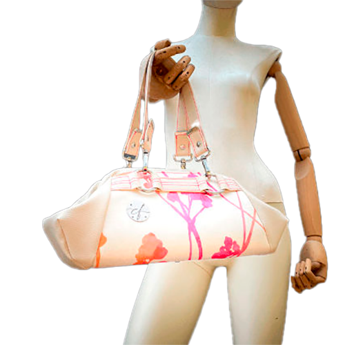 A small handbag made of cream synthetic upholstery fabric with a botanical pattern that fades from pink to orange.