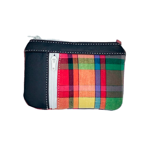 A mini zippered coin purse made from a patchwork of different materials: multicolor checkered madras and black lambskin leather.