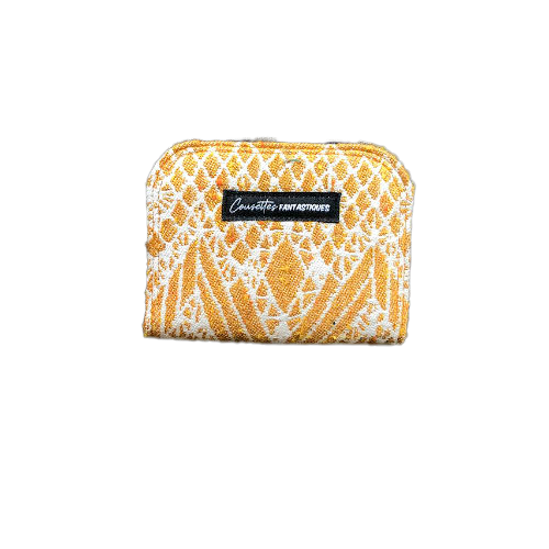 A small zippered card and coin holder made of gray fabric embroidered with blue, red, and white Scandinavian floral patterns.