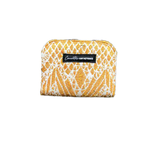 A small zippered card and coin holder made of gray fabric embroidered with blue, red, and white Scandinavian floral patterns.