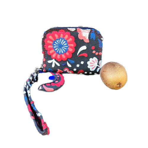 A small zippered card and coin holder made of gray fabric embroidered with blue, red, and white Scandinavian floral patterns.