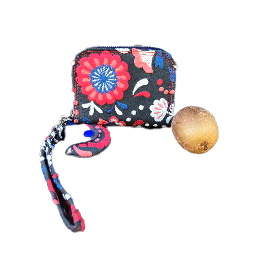 A small zippered card and coin holder made of gray fabric embroidered with blue, red, and white Scandinavian floral patterns.