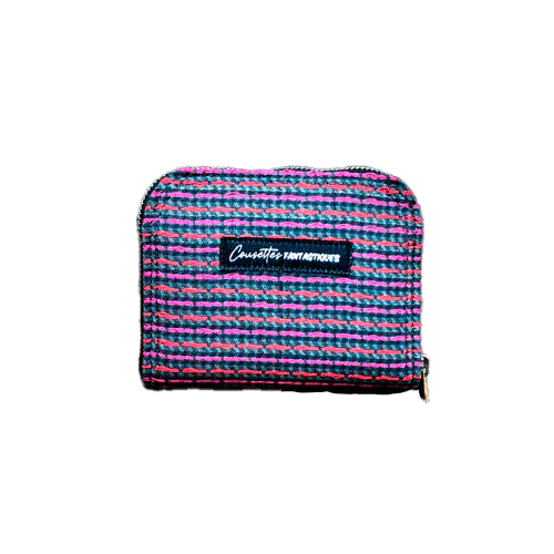 A small zippered card and coin holder made of gray fabric embroidered with shiny pink and red lines, with a textured gray matte interior.