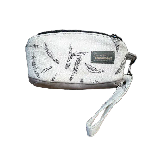 A small zippered pouch sewn in gray faux leather and a white and gray babywearing wrap with a feather pattern.