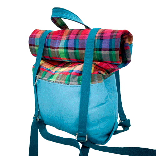 A rucksack made of light turquoise blue leather and multicolored Madras fabric.