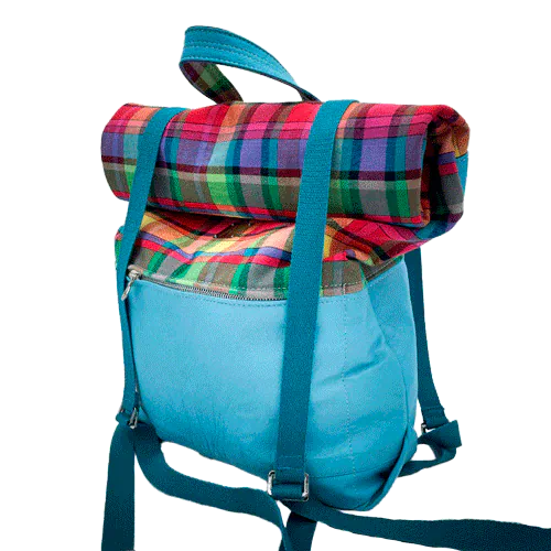 A rucksack made of light turquoise blue leather and multicolored Madras fabric.