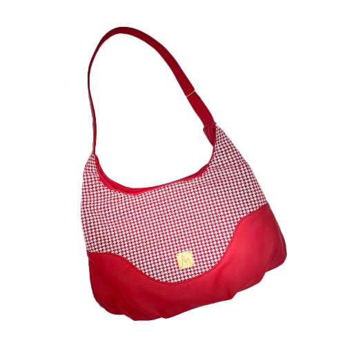 A shoulder bag made from red leather and red leather printed with white houndstooth, with a red Sonia Rykiel branded lining.