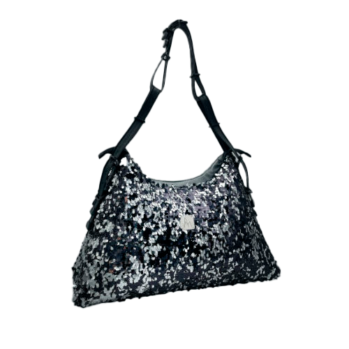 A large shoulder bag made from a black and silver sequin fabric, a grey couture denim, and a fine black faux leather.