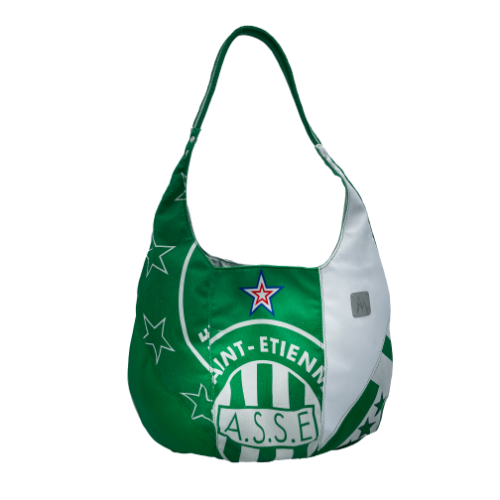 A shoulder bag in white and green leathers combined with a vintage green-and-white football jersey, and a white-and-green polyester satin lining.