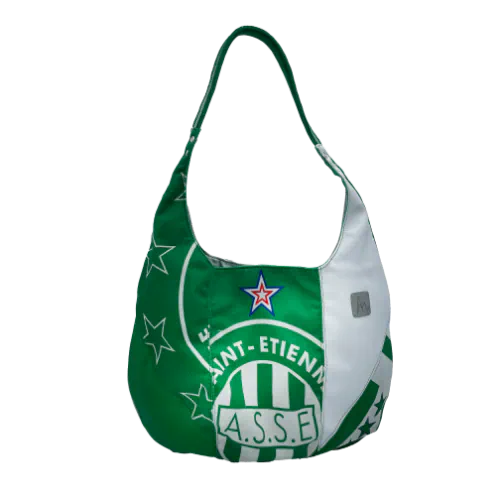 A shoulder bag in white and green leathers combined with a vintage green-and-white football jersey, and a white-and-green polyester satin lining.