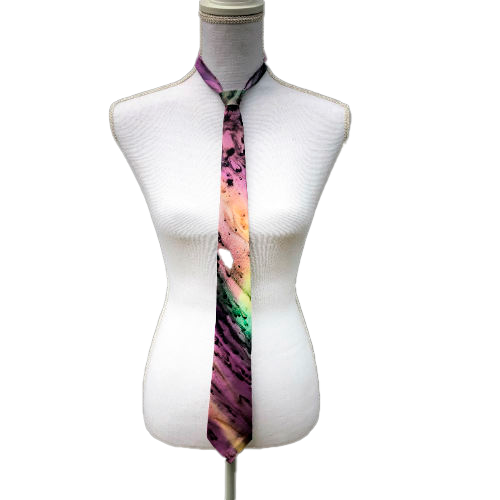 A tie made of blue, green, and purple silk chiffon, lined with taupe ramie.