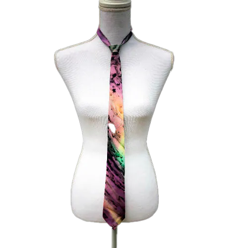 A tie made of blue, green, and purple silk chiffon, lined with taupe ramie.