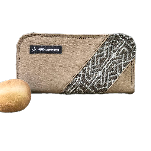 A zipped wallet and cardholder made of chocolate brown washable paper, baby wrap fabric in brown and beige tones, and yellow poplin.