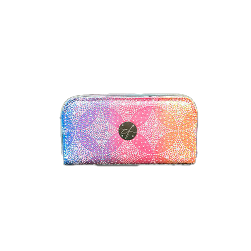 A zippered card and coin holder made with rainbow gradient babywearing scarf with pointillist star motif and gray high-couture denim.