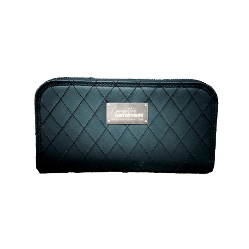 A zippered card and coin holder made with hand-quilted black faux leather on the outside, and cotton canvas with sequins on the inside.