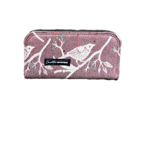 A zippered card and coin holder made with mauve and green bird-patterned babywearing wrap fabric.