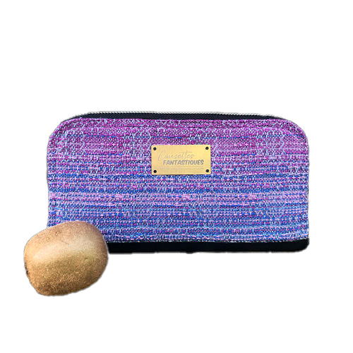 A cardholder and zippered coin purse made from a gradient mirror wrap from pink to blue and black cork.