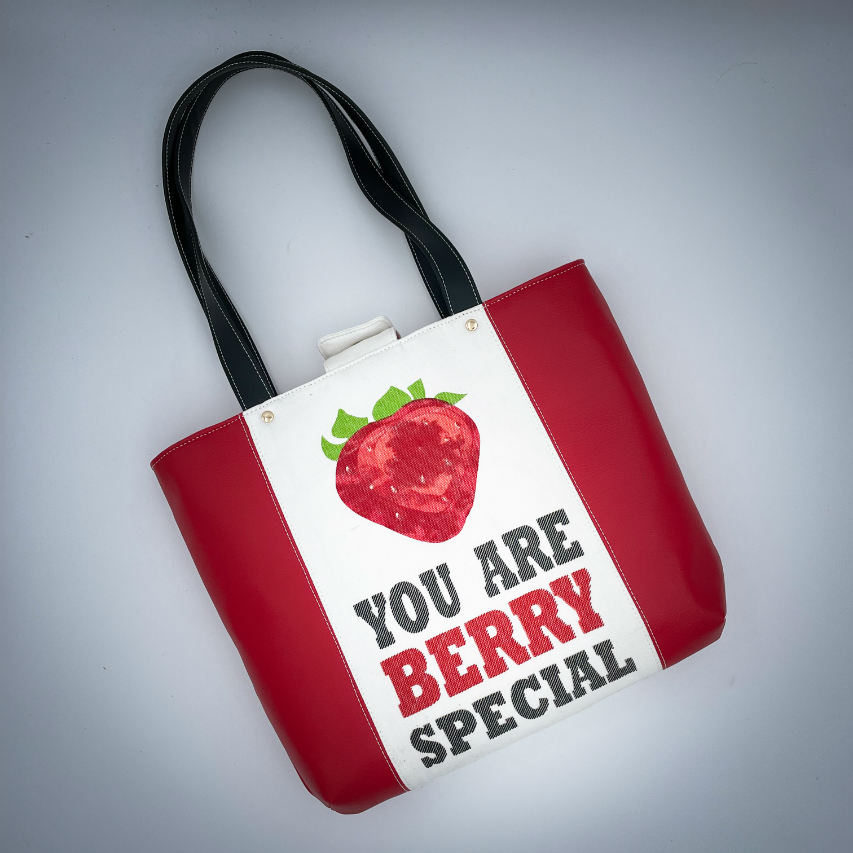 A large bag made from red faux leather on the outside and a canvas printed with a fruit design with an English pun underneath, and on the inside a bright red poplin.