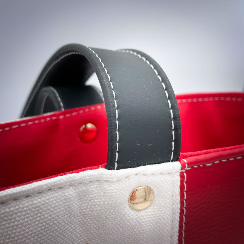 A large bag made from red faux leather on the outside and a canvas printed with a fruit design with an English pun underneath, and on the inside a bright red poplin.