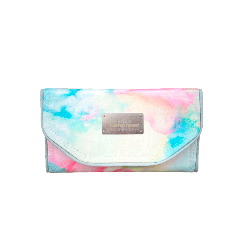 A wallet made from a hand-painted silk scarf and bubblegum pink poplin.