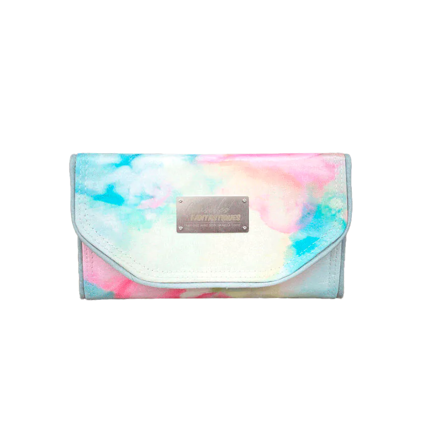 A wallet made from a hand-painted silk scarf and bubblegum pink poplin.