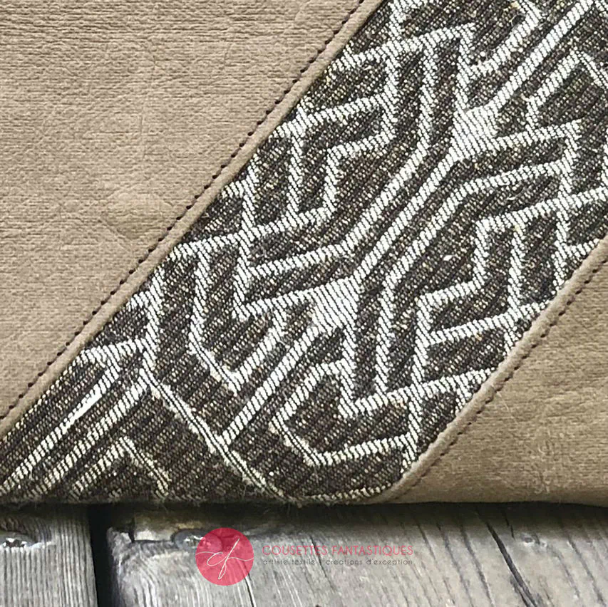 A zipped wallet and cardholder made of chocolate brown washable paper, baby wrap fabric in brown and beige tones, and yellow poplin.