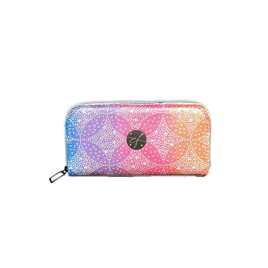 A zippered card and coin holder made with rainbow gradient babywearing scarf with pointillist star motif and gray high-couture denim.