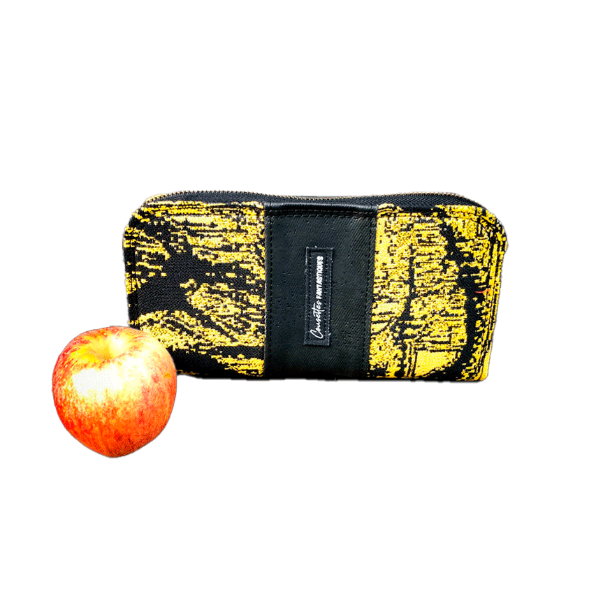 A zippered card and coin holder made with black and gold marbled babywearing wrap fabric and matte black cork.