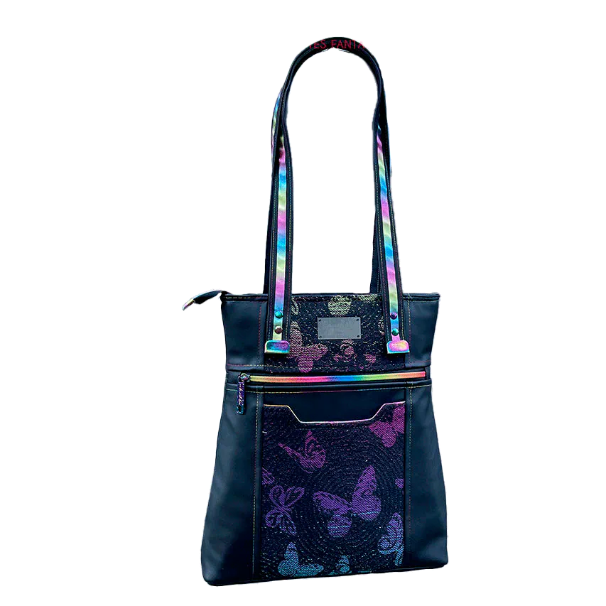 Anses bicolores/bi-matières, bouclerie luxe coloris arc-en-ciel, simili de récup' au toucher velours, et écharpe de portage au motif fantaisiste.
