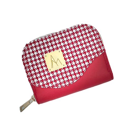 Un porte-cartes-et-monnaie zippé fabriqué à partir d'un cuir rouge et d'un cuir rouge imprimée pied de poule blanc, avec une doublure rouge siglée Sonia Rykiel.